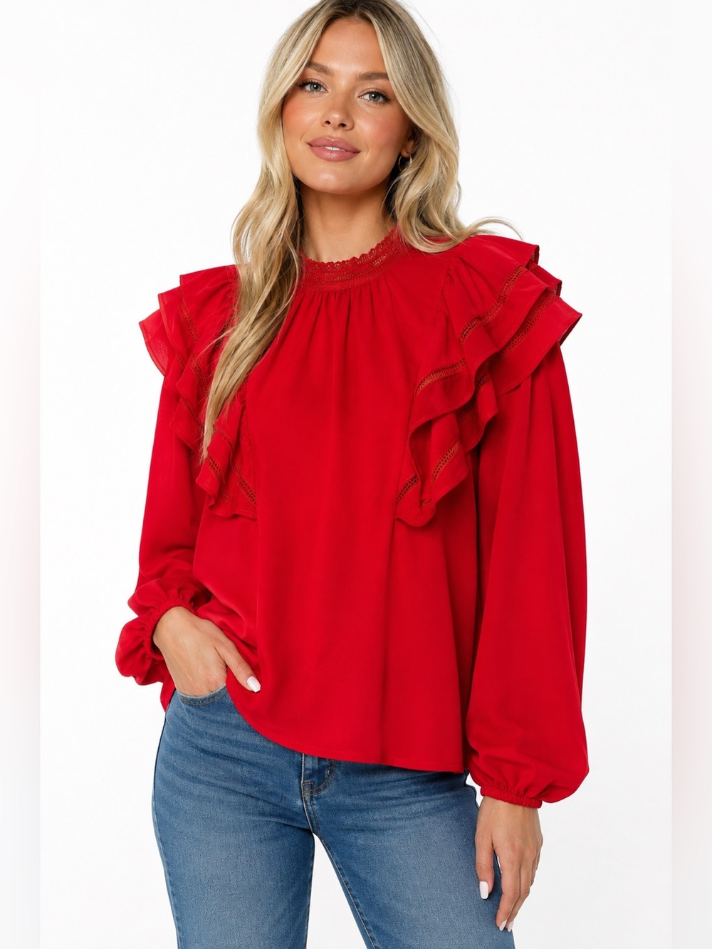 Strut & Bolt Size Small Red Ruffle Long-Sleeve Blouse - Women